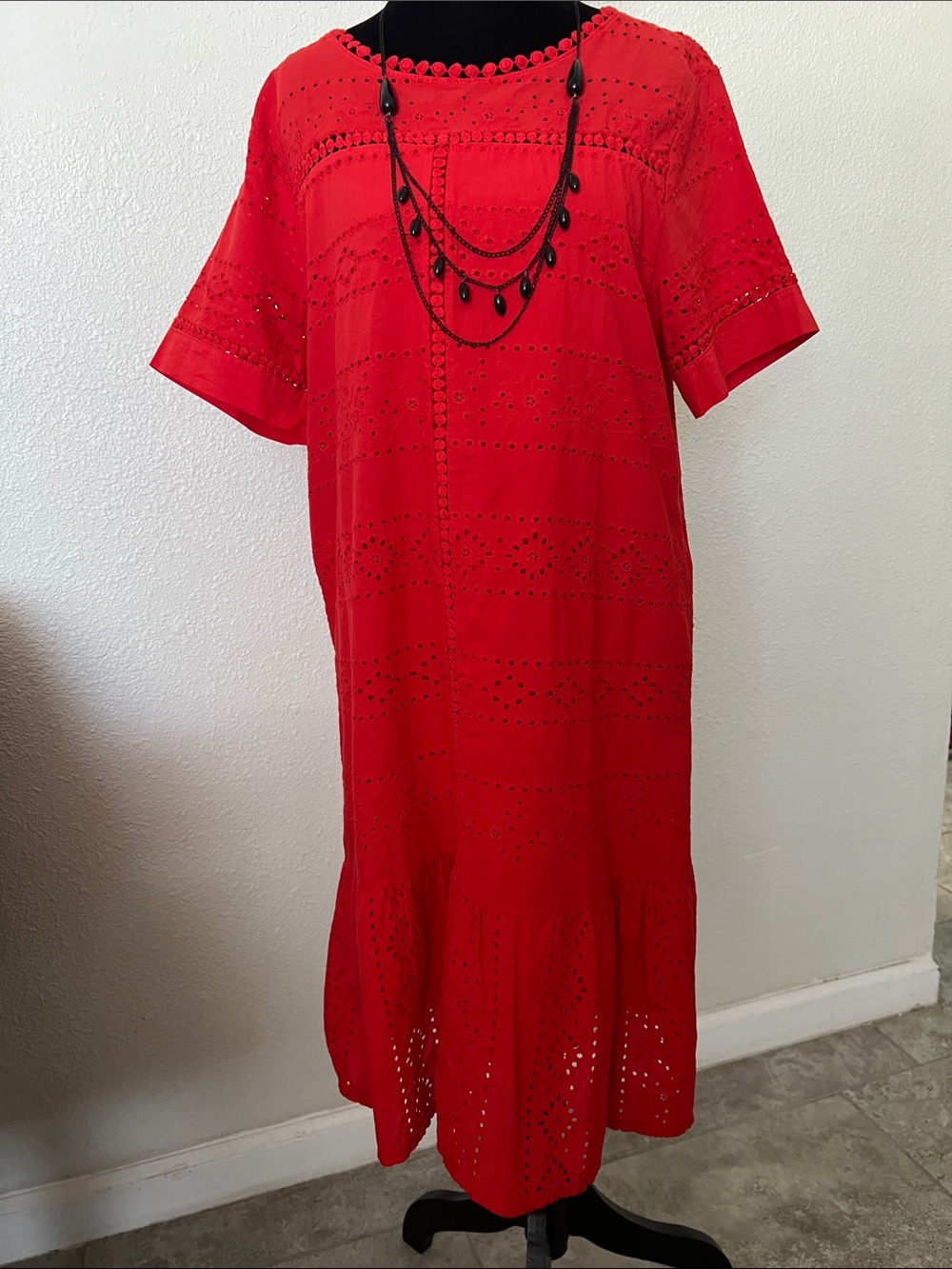 Eyelet Red Cotton Shift Dress with Scoop Neck made in Italy. 100% cotton